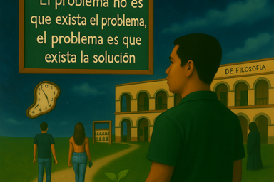 Imagen representativa del portafolio de Alexpresarte.com. Dos jóvenes y un adulto rumbo al inicio de clases en la UAQ en la Facultad de Filosofía.