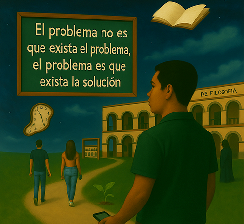 Imagen representativa del portafolio de Alexpresarte.com. Dos jóvenes y un adulto rumbo al inicio de clases en la UAQ en la Facultad de Filosofía.