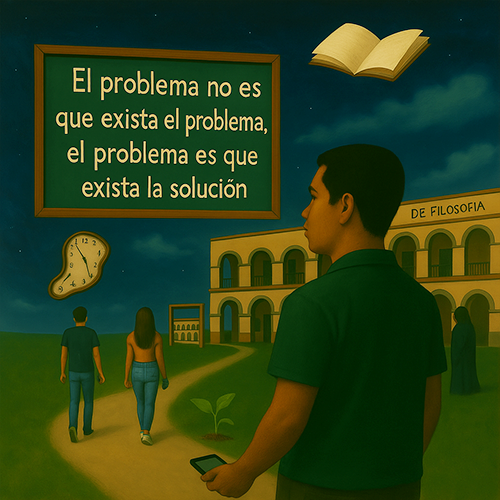 Imagen representativa del portafolio de Alexpresarte.com. Dos jóvenes y un adulto rumbo al inicio de clases en la UAQ en la Facultad de Filosofía.
